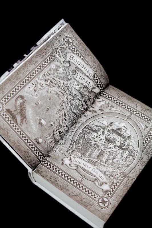 Открытая старинная книга с декоративными иллюстрациями и орнаментом на страницах — символ богатого мира и исторического оформления в обзоре произведения.