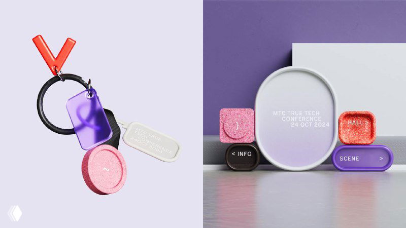 Предметная композиция мерча и 3D‑объектов айдентики МТС True Tech: кольца, блоки и текстуры пастельных оттенков на нейтральном фоне для бренд‑материалов.