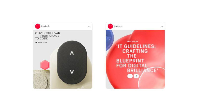 Макеты постов для соцсетей с промо‑графикой МТС True Tech: визуальные заголовки, 3D‑элементы и чистая сеточная вёрстка для коммуникаций бренда.