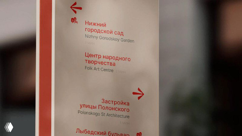 Фрагмент текстовой части панели с указателями направлений и названиями мест на русском языке в фирменной типографике проекта навигации Рязани.