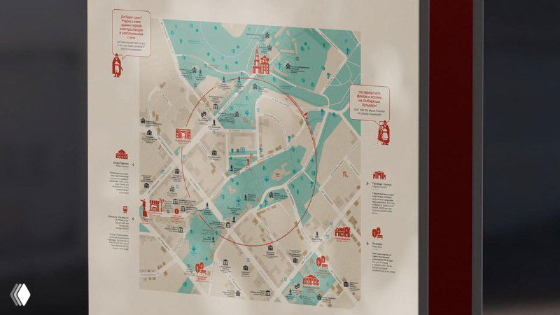 Крупный план карты на светлом щите с обозначениями улиц и точек интереса, выполненной в единой цветовой гамме проекта навигации Рязани.
