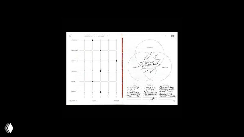Разворот с анкетой и графическими заметками проекта: сетки, подписанные оси и графические обозначения для интерпретации психологических параметров бренда.