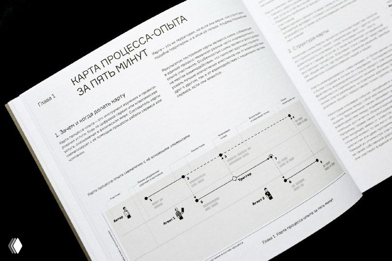 Разворот книги с заголовком «Карта процесса‑опыта»: белые страницы, блоки текста и диаграмма процесса проектирования в крупном плане на иллюстрации.