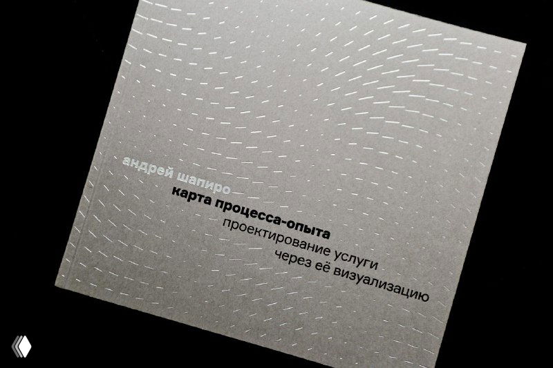 Крупное фото обложки и угла книги: серый текстурный материал, тиснённый заголовок «карта процесса‑опыта» и узор из белых пунктиров, минималистичный дизайн.