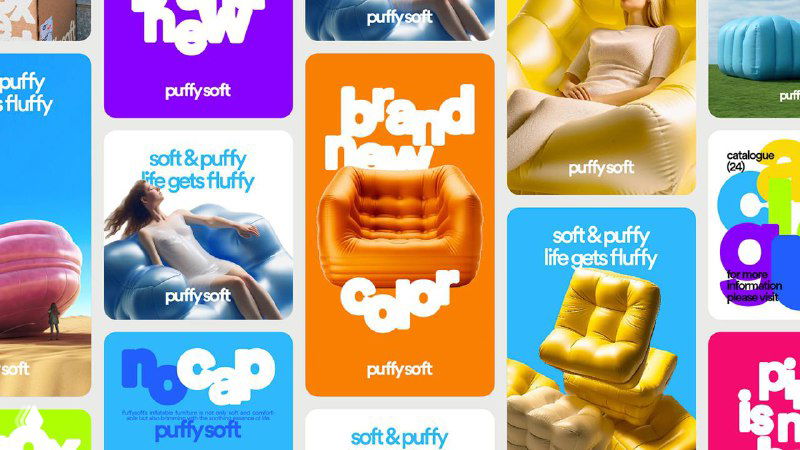 Коллаж айдентики PuffySoft: карточки, логотипы и графические элементы в яркой палитре, демонстрация фирменной визуальной системы и шрифтов.