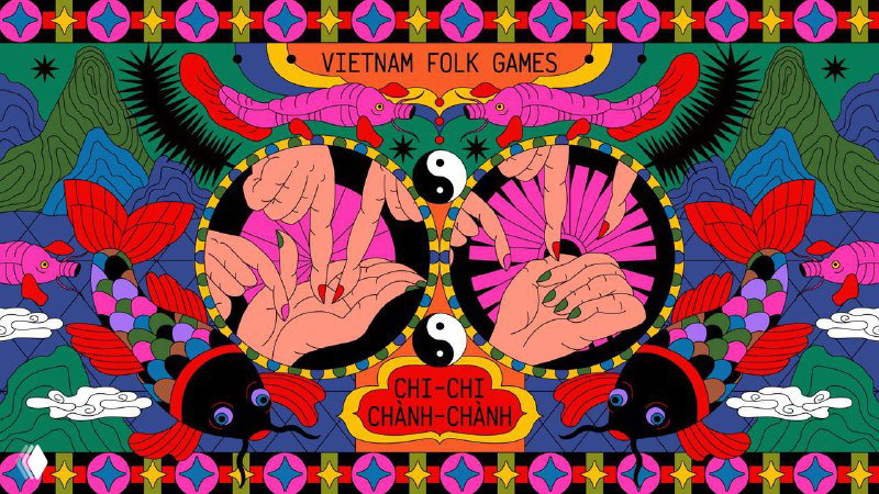 Панорамная композиция Люсии Фам с контрастными цветами, декоративными элементами и стилизованными символами в традиционно вдохновлённой манере художницы.