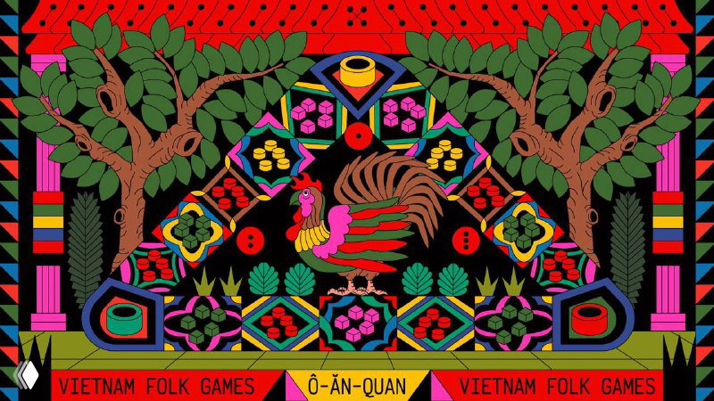 Чёрно-цветная яркая сцена от Люсии Фам с контрастными блоками цвета, стилизованными растительными элементами и графическими знаками в центре.