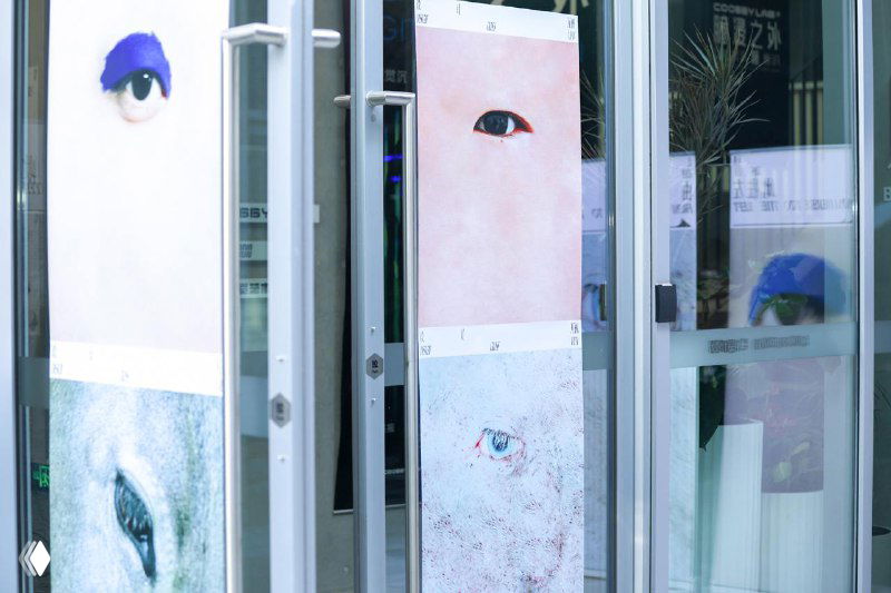 Двери выставочного пространства с размещёнными панелями: повторяющиеся макроснимки глаз и графика айдентики на стеклянной поверхности.