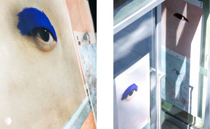 Детальные кадры печатных материалов брендинга: близкие планы глаз с ярким синим макияжем и отбрасываемые тени внутри экспозиции.