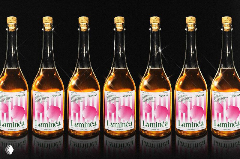 Ряд бутылок Luminea Wine с одинаковыми этикетками на тёмном фоне, демонстрирующий единый стиль и графику линейки продукта.