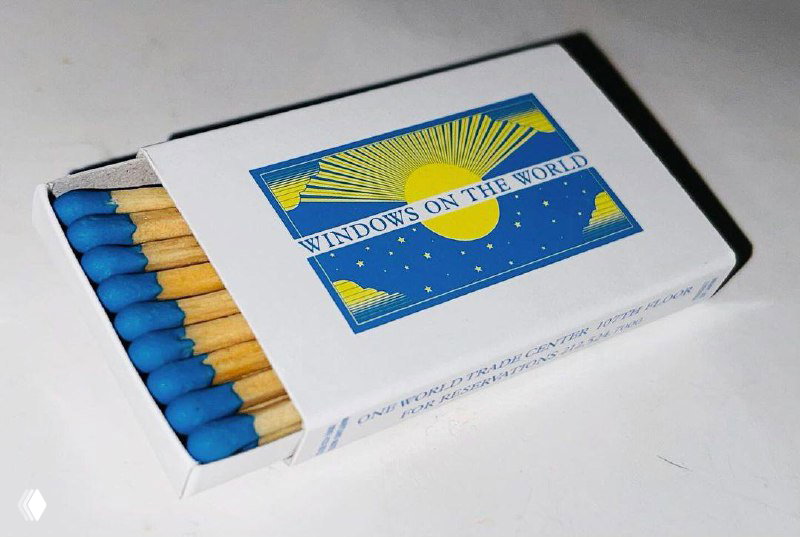 Белая коробка спичек с синим принтом «Windows of the World», спички с голубыми головками, чистый графический дизайн в стиле коллекционных спичечных коробков.