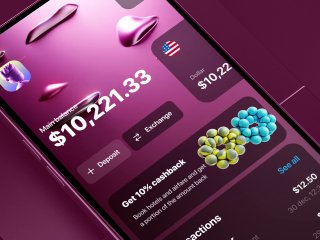 Крупный план экрана банковского приложения в фиолетовой палитре: отображение валютного баланса $10,221.33, элементы обмена и индикаторы состояния счёта.