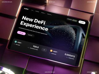 Десктоп-концепт DeFi-платформы с крупным заголовком 'New DeFi Experience', визуальными плитками для токенов и тёмным эстетическим фоном с отражениями.