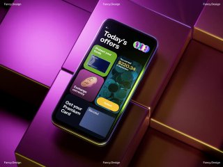 Мобильный экран с карточками предложений 'Today's offers': цветные плитки, иконки и акцент на промо-элементах в интерфейсе банковского приложения с контрастной типографикой.