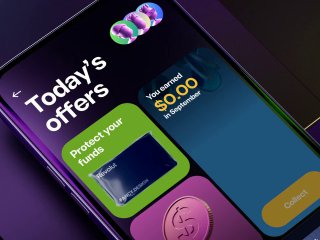 Крупный план UI с панелью 'You earned $0.00' и карточкой 'Protect your funds', яркие акценты и элементы управления, демонстрирующие функциональные зоны приложения.