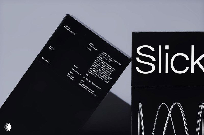 Крупный план черной коробки Slick с белой лого-версткой и волнообразным графическим элементом на текучем световом фоне.