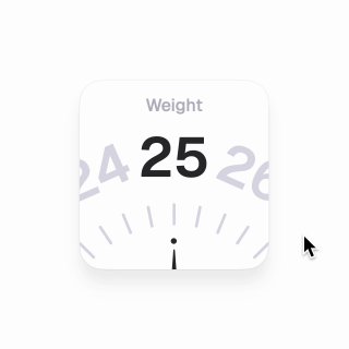 Квадратный элемент интерфейса с циферблатом веса и крупным числом 25 в центре; тонкая шкала вокруг и курсор на светлом фоне, пример анимации.