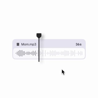 Аудиоплеер с волновой формой и меткой 'Mom.mp3', вертикальный маркер прогресса и указатель курсора — пример интерактивного элемента UI.