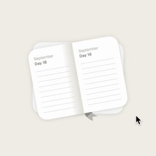 Открытая карточка-записная книжка с двумя страницами и датами 'September Day 18/19'; линии для заметок и курсор — пример анимации переворота.