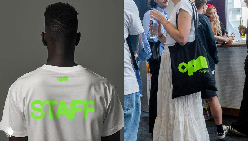 Белая футболка с надписью STAFF и маленьким зелёным логотипом OPN, рядом кадр с черной сумкой с логотипом — мерч и айдентика для персонала и посетителей.