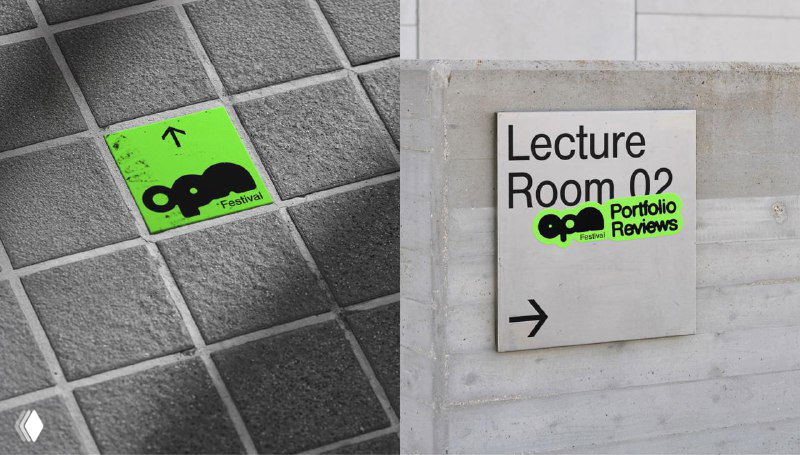 Навигационные таблички и стикеры с зелёным логотипом OPN — визуальные элементы айдентики, используемые для обозначения локаций и ориентиров на фестивале.