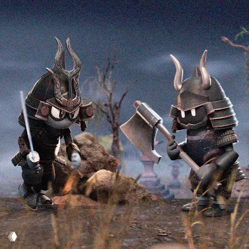 Две стилизованные 3D-фигуры‑самурая в тёмных доспехах на мрачном фоне; игрушечная эстетика, детализированные шлемы, топоры и атмосферная дымка