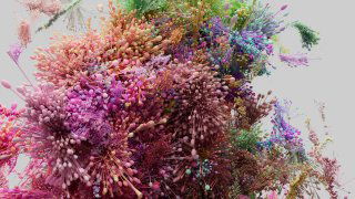 Широкий горизонтальный кадр абстрактной генеративной скульптуры: сложные волнообразные формы в пастельных и насыщенных тонах, текстуры как текучая смесь.