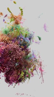 Вертикальный вид на воздушно-органическую структуру процедурной инсталляции: разноцветные выступы и агрегаты частиц, создающие сложную форму.