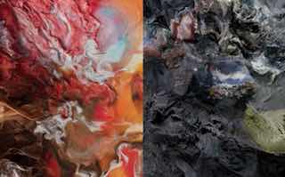 Коллажные текстуры генеративной графики: близкий план потоков краски и минералоподобных структур, похожих на органические срезы или рифовые формы.