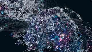 Фрагмент анимированной визуализации с мелкими светящимися частицами и нитями, создающими ощущение движения, глубины и цифровой экологии.