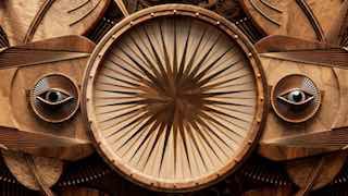 Декоративный орнамент с кругом и глазами в стилизованной деревянной текстуре: примеры паттернов и декоративных элементов кампании.