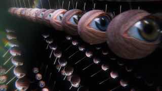 Повторяющийся ряд сфер, напоминающих глаза на вращающихся осях: трёхмерная графика, подчёркивающая мотив взгляда и повторяемость паттерна.