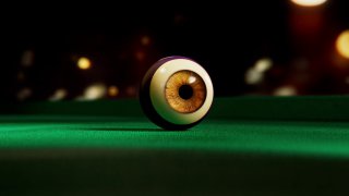 Трёхмерное изображение реалистичного глазного шара, помещённого на зелёное игровое поле: пример 3D-анимации и визуальных метафор кампании.