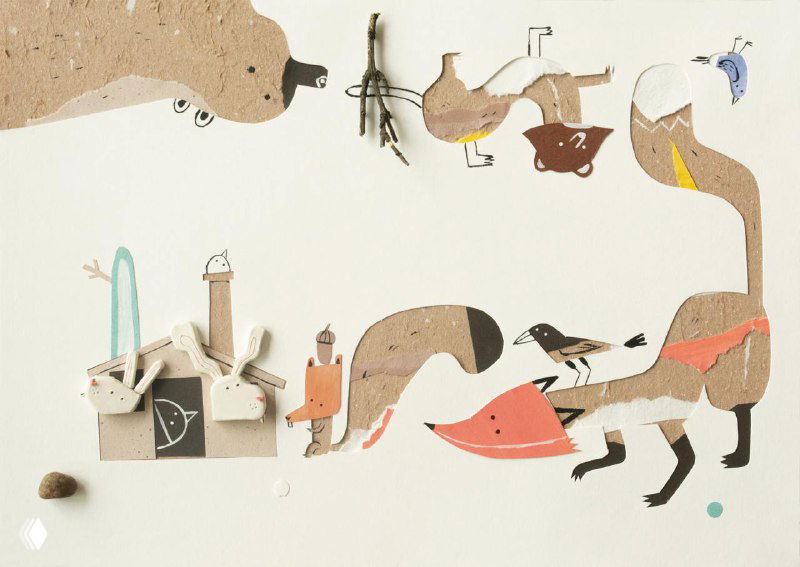 Ряд вырезных животных и деталей: лисы, птицы и бытовые предметы, стилизованные под поделки с минимальной цветовой палитрой и бумажной фактурой.