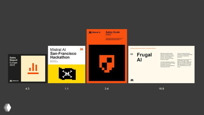 Ряд карточек презентации редизайна Mistral AI: пиксельные обложки, логотипы и блоки текста, показ вариантов визуального языка и компоновки слайдов.