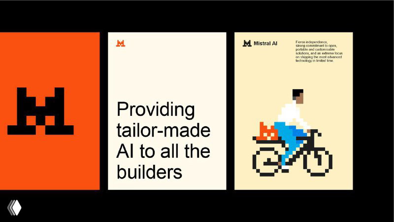 Три постера бренда Mistral AI: пиксельный знак, слоган «Providing tailor-made AI to all the builders» и пиксельный персонаж на светлом фоне как примеры вывесок и плакатов.