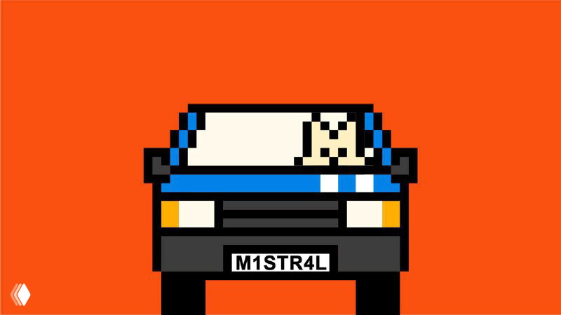 Пиксельная иллюстрация машины с номером M1STR4L на ярком оранжевом фоне — демонстрация стилизованных иллюстраций для брендбука и мерча.