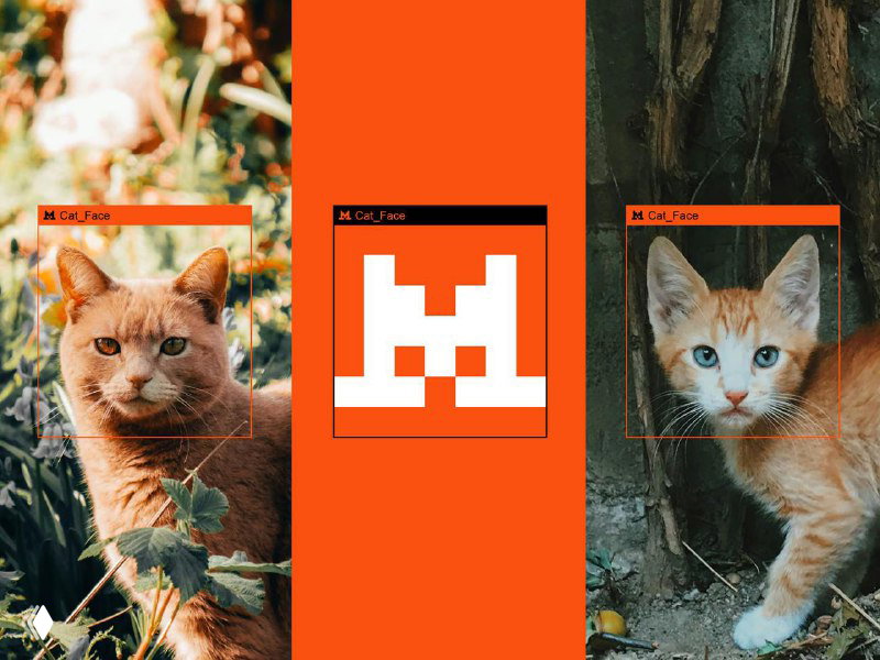 Центральный пиксельный логотип окружён двумя фотографиями котов в саду — иллюстрация связи логотипа и обилия фото кошек, использованных при обучении ранних ИИ‑моделей.