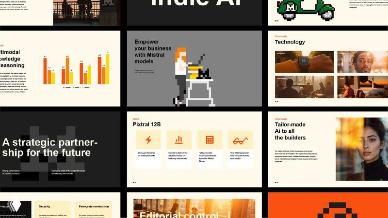 Сборка слайдов и иконок презентации Mistral AI: сетка с примерами контента, визуальных блоков и дизайном разделов фирменного сайта и презентации.