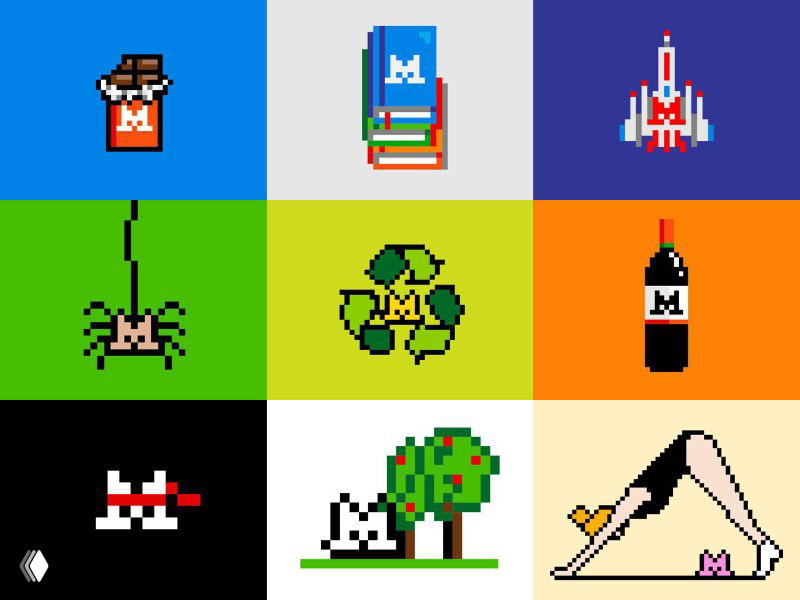 Мозаика из пиксельных иконок: небольшие цветные квадраты с разнообразными иллюстрациями, демонстрирующие набор символов и визуальную систему бренда Mistral.