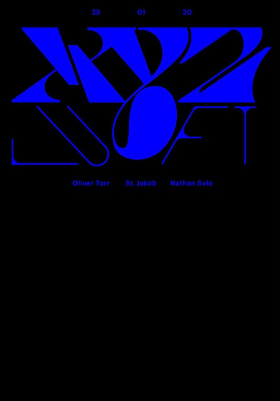 Темно‑синий и черный плакат с плотной контрастной типографикой и абстрактными формами; эксперимент с формой букв и негативным пространством.