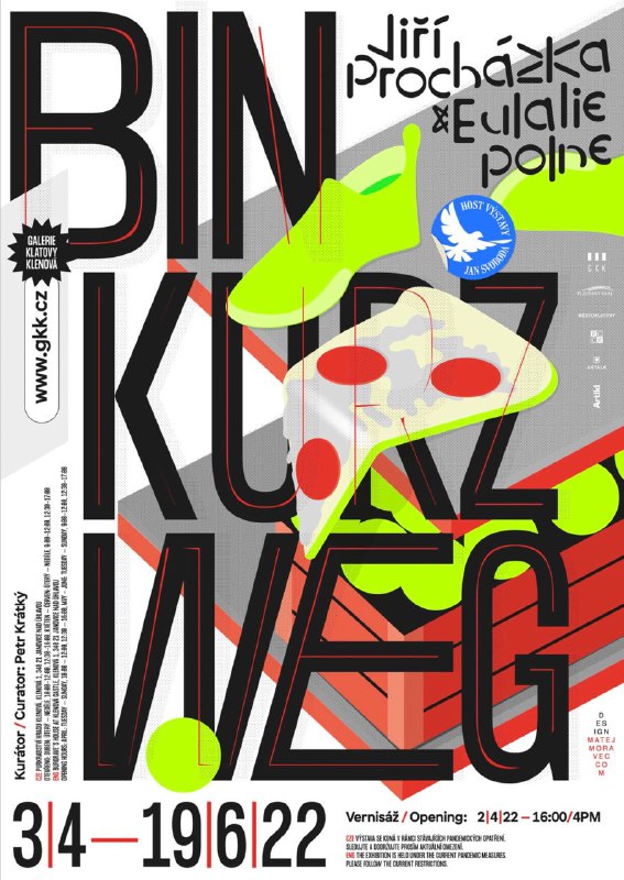 Плакат с крупными буквами и коллажными элементами, яркие зеленые и красные акценты на светлом фоне; динамичная композиция в плакатной типографике.