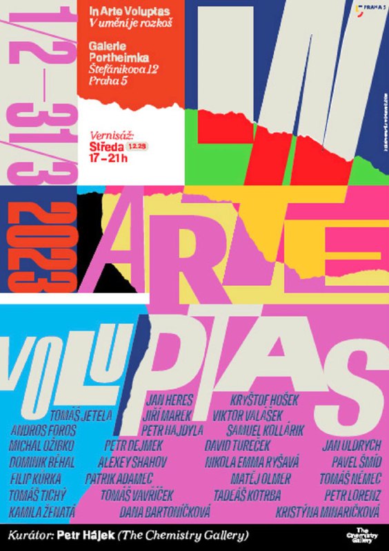 Яркий многоцветный плакат с розово‑голубыми блоками, насыщенной типографикой и множеством информационных слоёв; эстетика современного графического дизайна Праги.