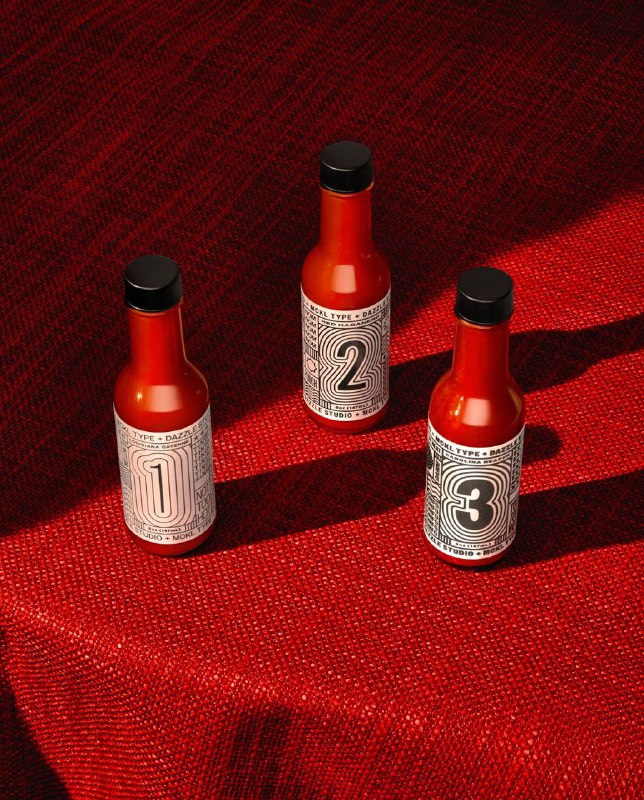 Три бутылочки острых соусов с номерами 1, 2, 3 на белых этикетках с графическими линиями, расставленные на красной текстуре — минималистичный дизайн этикеток.