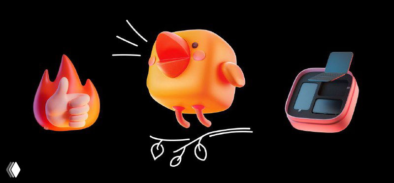 Три отдельных 3D-элемента из набора IVI: игрушечный птенец, огненный значок «лайк» и объект интерфейса на тёмном фоне, яркие цвета и тени.