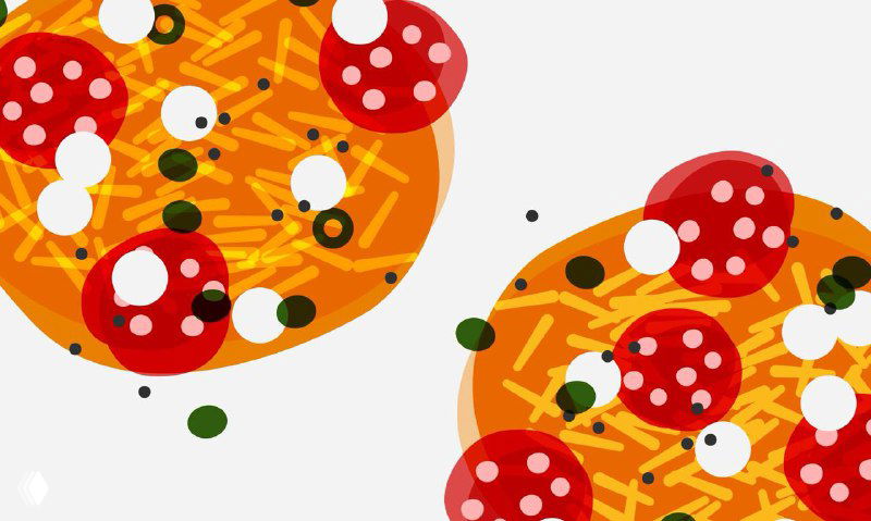 Иллюстрация еды в супрематическом стиле: яркие оранжевые и красные формы, абстрактные элементы, передающие пиццу и гарниры в упрощенной графике.