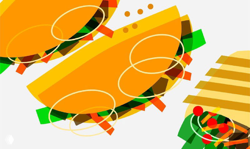 Графические образцы сэндвичей/такос в теплой желто‑оранжевой гамме; геометрические элементы создают динамичную супрематическую форму блюда.