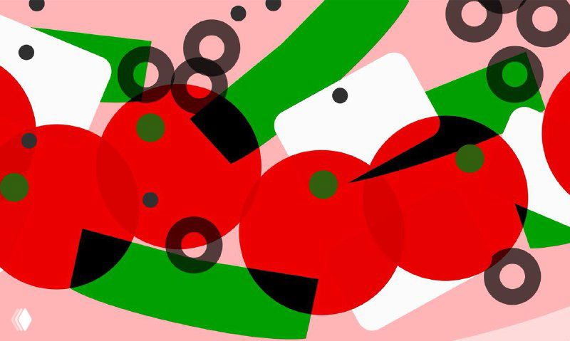 Абстрактные иллюстрации помидоров и зелени в супрематическом ключе: крупные красные круги, зеленые формы и контрастная композиция на пастельном фоне.