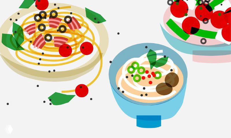 Набор тарелок с пастой и супами, изображенных как упрощенные супрематические формы — круги, линии и пятна цвета передают идею блюд.