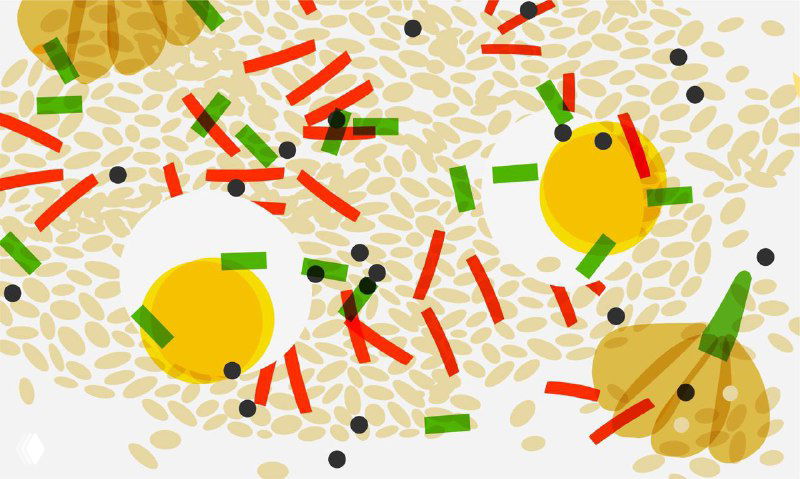 Текстурная иллюстрация крупой и овощами в супрематической манере: разбросанные знаки, цветовые акценты и ритм точек и линий для ощущения еды.